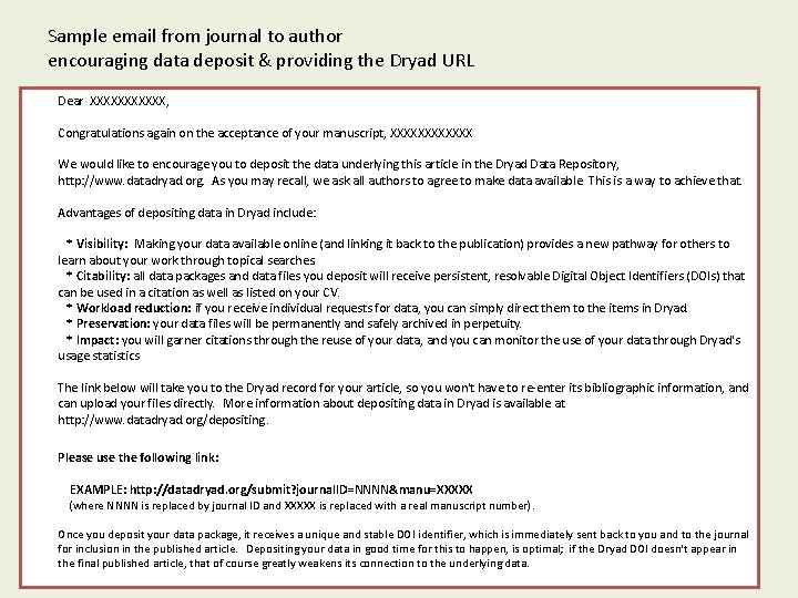 Sample email from journal to author encouraging data deposit & providing the Dryad URL