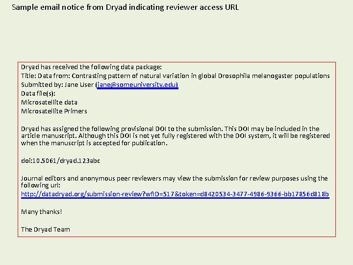 Sample email notice from Dryad indicating reviewer access URL Dryad has received the following