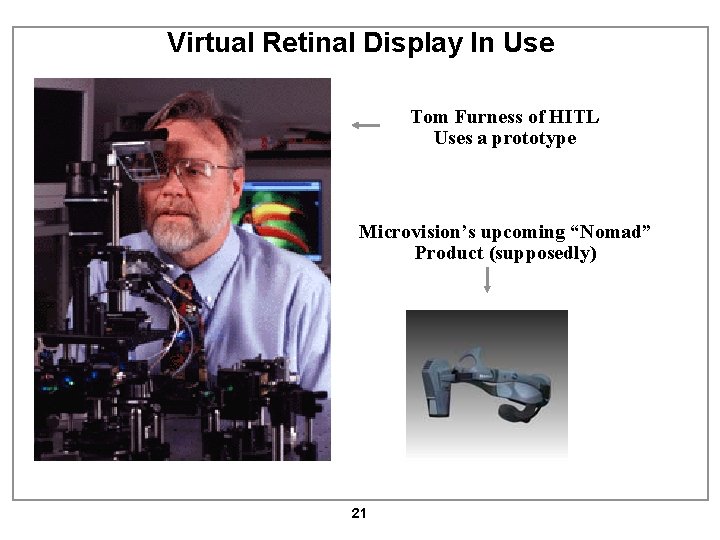 Virtual Retinal Display In Use Tom Furness of HITL Uses a prototype Microvision’s upcoming