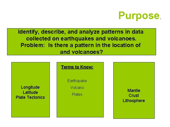 Purpose. Identify, describe, and analyze patterns in data collected on earthquakes and volcanoes. Problem: