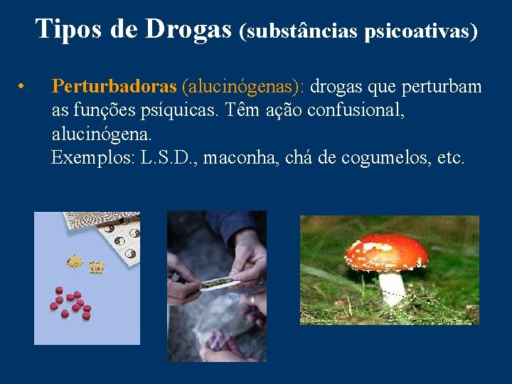 Tipos de Drogas (substâncias psicoativas) • Perturbadoras (alucinógenas): drogas que perturbam as funções psíquicas.
