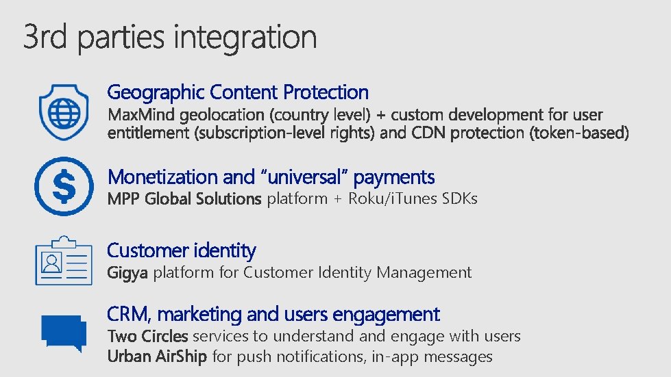 Geographic Content Protection Monetization and “universal” payments MPP Global Solutions platform + Roku/i. Tunes