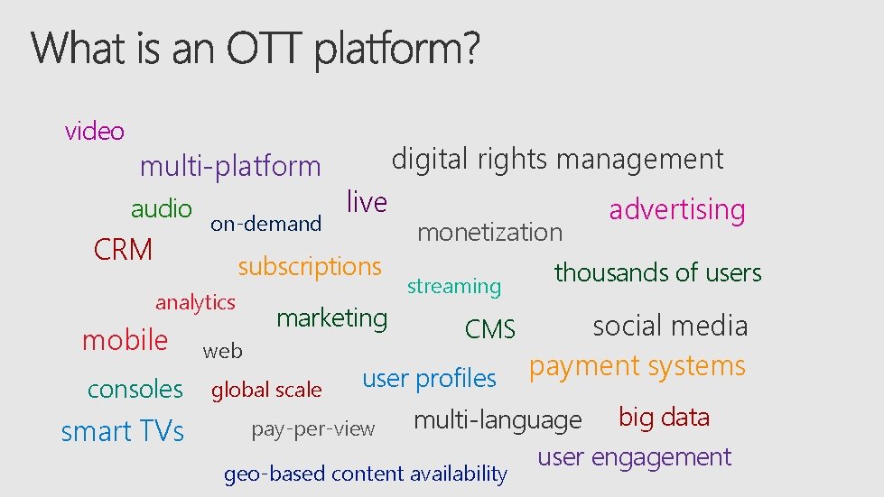 video multi-platform audio CRM on-demand digital rights management live subscriptions analytics mobile consoles smart