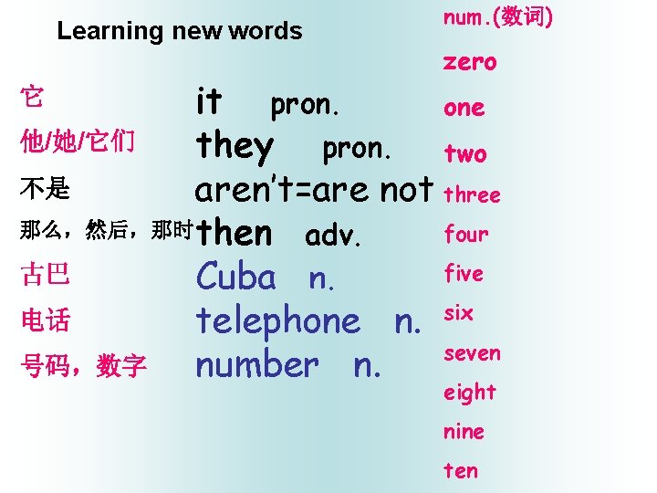 Learning new words num. (数词) zero it pron. one 他/她/它们 they pron. two 不是
