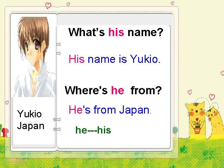 What’s his name? His name is Yukio. Where's he from? Yukio Japan He's from