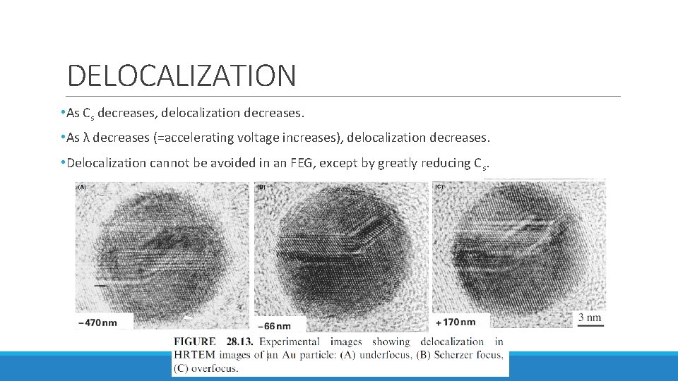 DELOCALIZATION • As Cs decreases, delocalization decreases. • As λ decreases (=accelerating voltage increases), DELOCALIZATION • As Cs decreases, delocalization decreases. • As λ decreases (=accelerating voltage increases),
