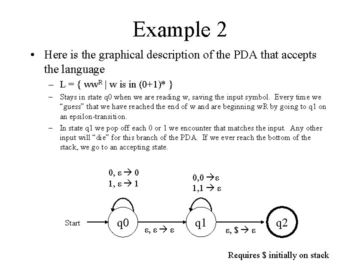 Example 2 • Here is the graphical description of the PDA that accepts the