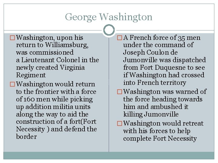 George Washington � Washington, upon his return to Williamsburg, was commissioned a Lieutenant Colonel