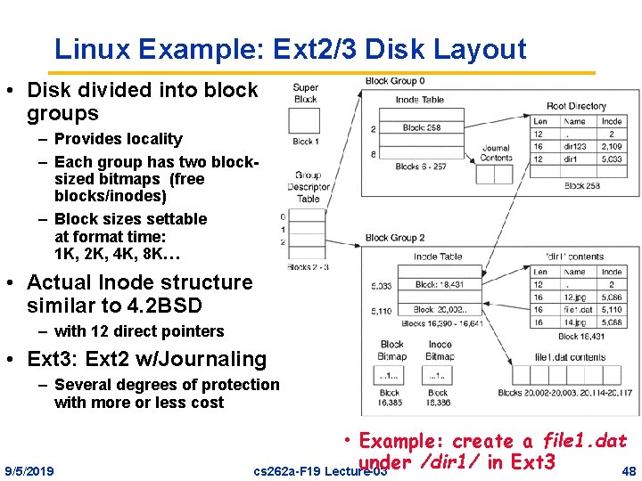Linux Example: Ext 2/3 Disk Layout • Disk divided into block groups – Provides