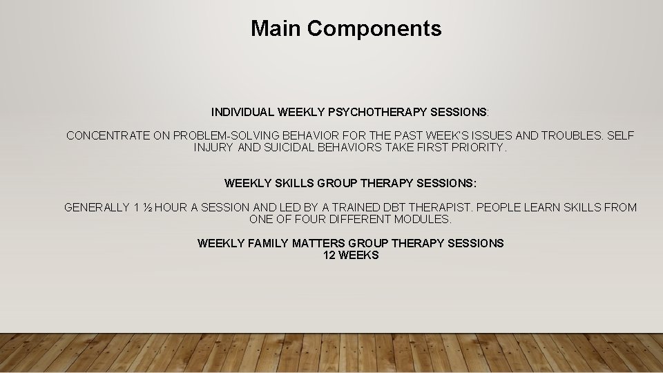 Main Components INDIVIDUAL WEEKLY PSYCHOTHERAPY SESSIONS: CONCENTRATE ON PROBLEM-SOLVING BEHAVIOR FOR THE PAST WEEK’S