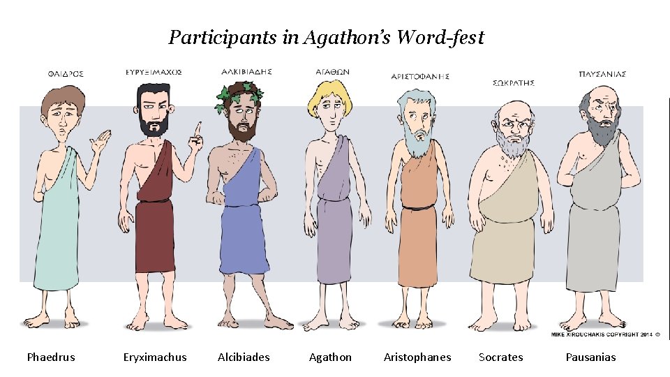 Participants in Agathon’s Word-fest Phaedrus Eryximachus Alcibiades Agathon Aristophanes Socrates Pausanias 