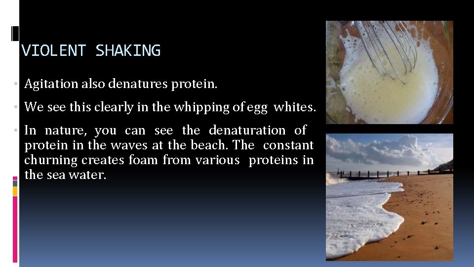 VIOLENT SHAKING • Agitation also denatures protein. • We see this clearly in the