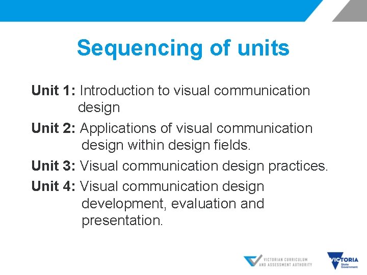 Sequencing of units Unit 1: Introduction to visual communication design Unit 2: Applications of