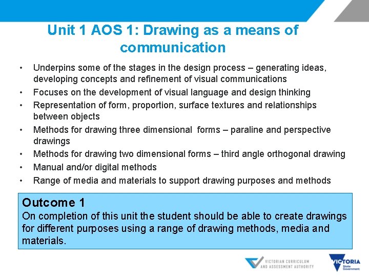 Unit 1 AOS 1: Drawing as a means of communication • • Underpins some