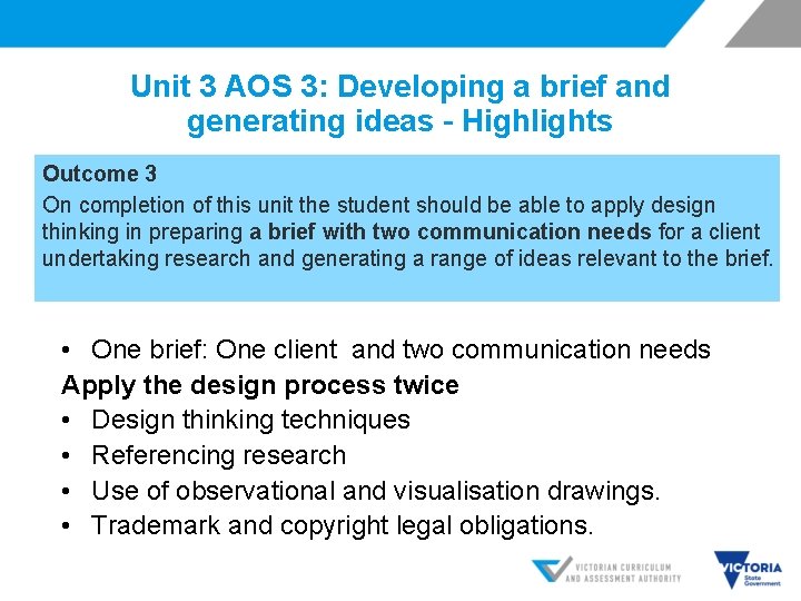 Unit 3 AOS 3: Developing a brief and generating ideas – Highlights Outcome 3