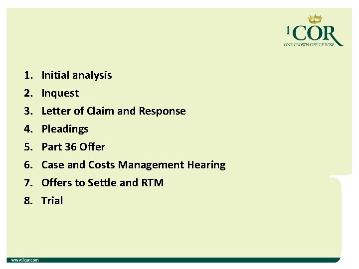 1. Initial analysis 2. Inquest 3. Letter of Claim and Response 4. Pleadings 5. 1. Initial analysis 2. Inquest 3. Letter of Claim and Response 4. Pleadings 5.
