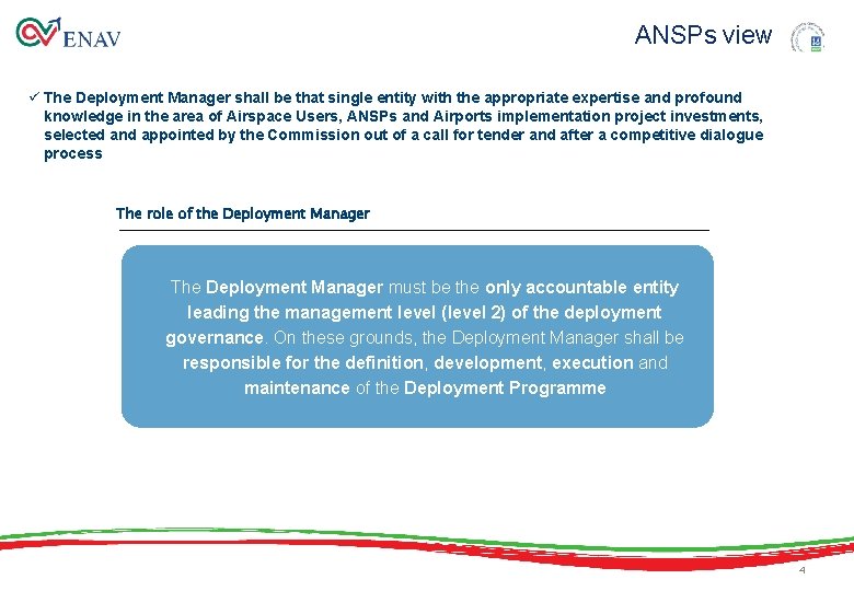 ANSPs view ü The Deployment Manager shall be that single entity with the appropriate