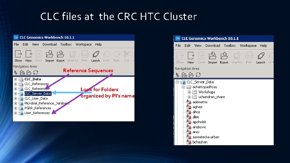 CLC files at the CRC HTC Cluster Reference Sequences Look for Folders organized by