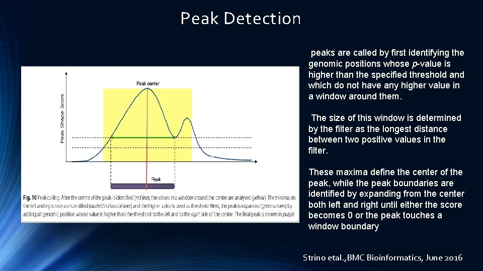 Peak Detection peaks are called by first identifying the genomic positions whose p-value is