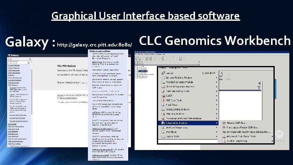 Graphical User Interface based software Galaxy : http: //galaxy. crc. pitt. edu: 8080/ CLC
