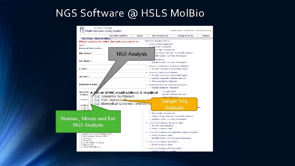 NGS Software @ HSLS Mol. Bio NGS Analysis Sanger Seq Analysis Human , Mouse