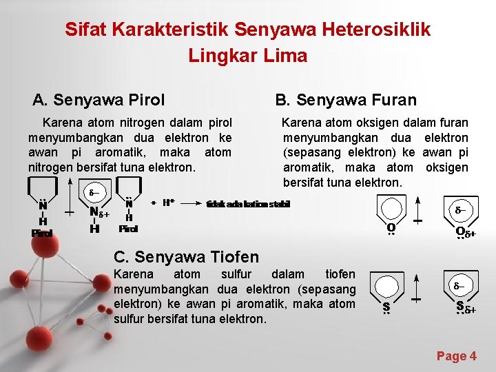 Sifat Karakteristik Senyawa Heterosiklik Lingkar Lima A. Senyawa Pirol Karena atom nitrogen dalam pirol