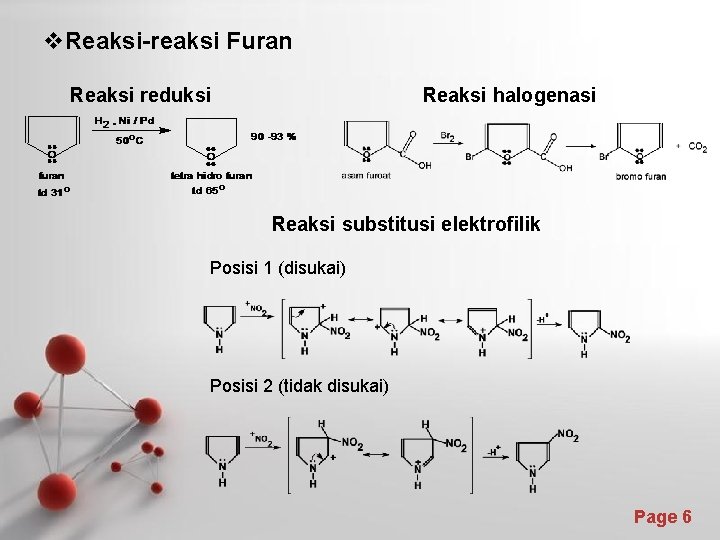 v. Reaksi-reaksi Furan Reaksi reduksi Reaksi halogenasi Reaksi substitusi elektrofilik Posisi 1 (disukai) Posisi