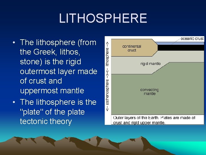 LITHOSPHERE • The lithosphere (from the Greek, lithos, stone) is the rigid outermost layer