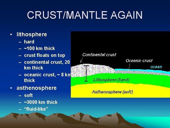 CRUST/MANTLE AGAIN • lithosphere – – hard ~100 km thick crust floats on top