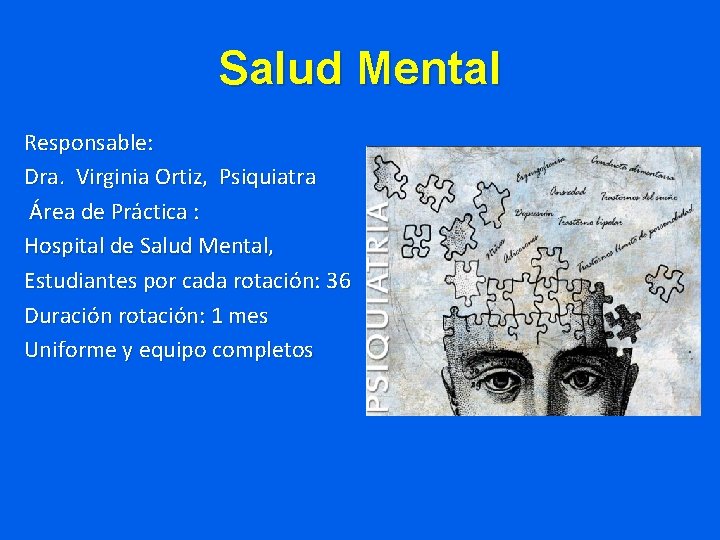 Salud Mental Responsable: Dra. Virginia Ortiz, Psiquiatra Área de Práctica : Hospital de Salud