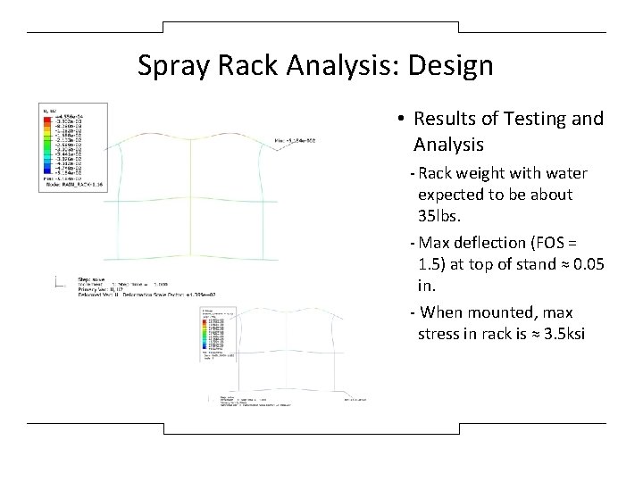Spray Rack Analysis: Design • Results of Testing and Analysis - Rack weight with