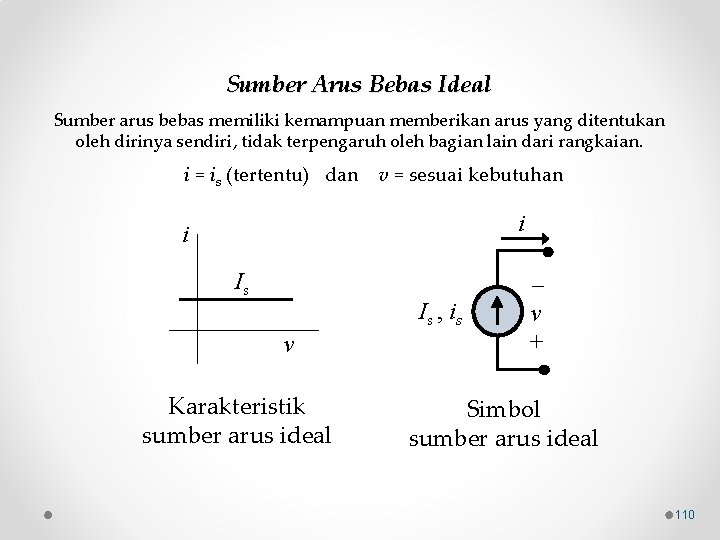 Sumber Arus Bebas Ideal Sumber arus bebas memiliki kemampuan memberikan arus yang ditentukan oleh