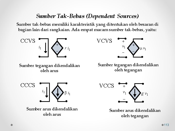 Sumber Tak-Bebas (Dependent Sources) Sumber tak-bebas memiliki karakteristik yang ditentukan oleh besaran di bagian