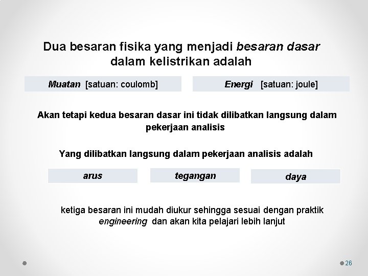 Dua besaran fisika yang menjadi besaran dasar dalam kelistrikan adalah Muatan [satuan: coulomb] Energi