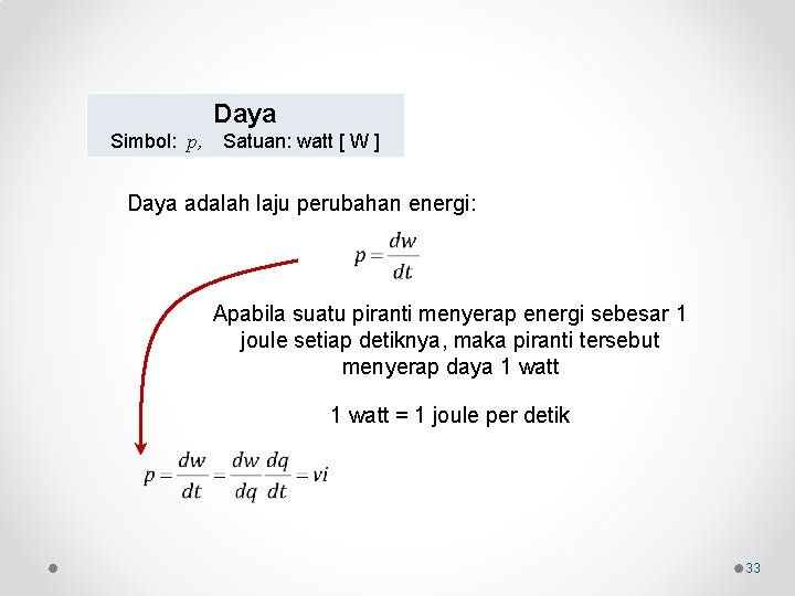 Daya Simbol: p, Satuan: watt [ W ] Daya adalah laju perubahan energi: Apabila