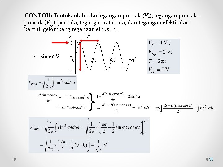 CONTOH: Tentukanlah nilai tegangan puncak (Vp), tegangan puncak (Vpp), perioda, tegangan rata-rata, dan tegangan