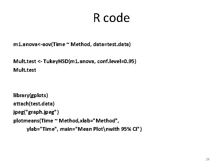 R code m 1. anova<-aov(Time ~ Method, data=test. data) Mult. test <- Tukey. HSD(m