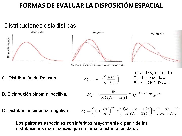  FORMAS DE EVALUAR LA DISPOSICIÓN ESPACIAL Distribuciones estadísticas A. Distribución de Poisson. e=