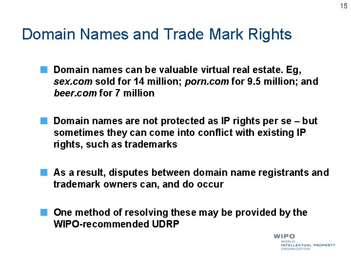 15 Domain Names and Trade Mark Rights Domain names can be valuable virtual real 15 Domain Names and Trade Mark Rights Domain names can be valuable virtual real