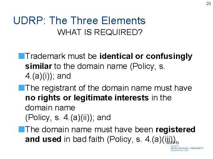 20 UDRP: The Three Elements WHAT IS REQUIRED? Trademark must be identical or confusingly 20 UDRP: The Three Elements WHAT IS REQUIRED? Trademark must be identical or confusingly