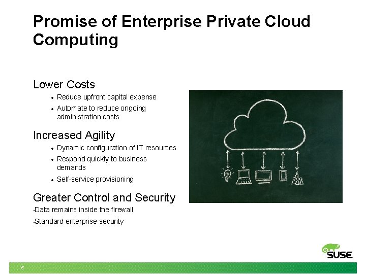 Promise of Enterprise Private Cloud Computing Lower Costs Reduce upfront capital expense Automate to
