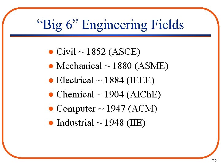 “Big 6” Engineering Fields Civil ~ 1852 (ASCE) l Mechanical ~ 1880 (ASME) l