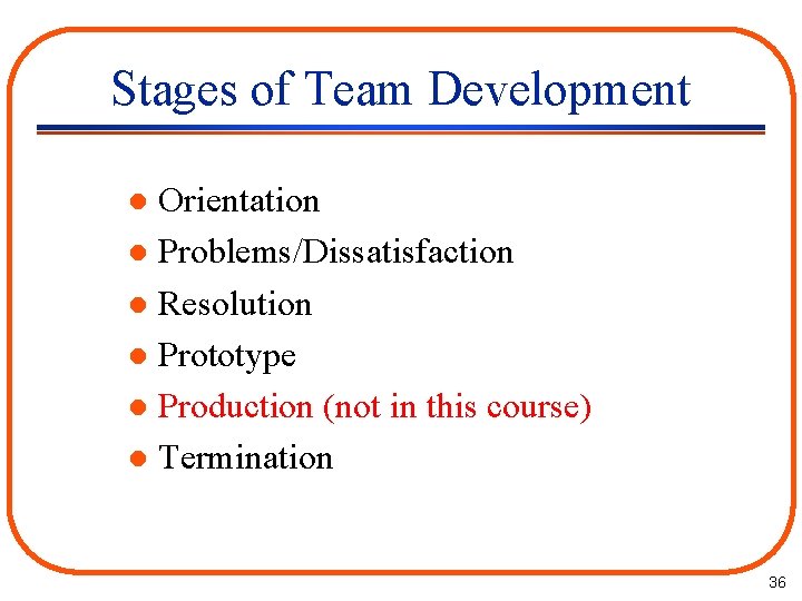 Stages of Team Development Orientation l Problems/Dissatisfaction l Resolution l Prototype l Production (not