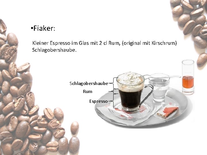  • Fiaker: Kleiner Espresso im Glas mit 2 cl Rum, (original mit Kirschrum)