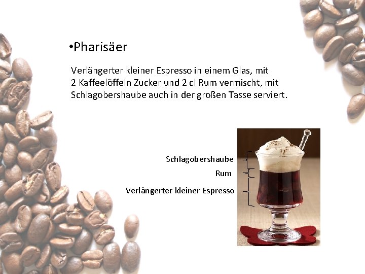  • Pharisäer Verlängerter kleiner Espresso in einem Glas, mit 2 Kaffeelöffeln Zucker und