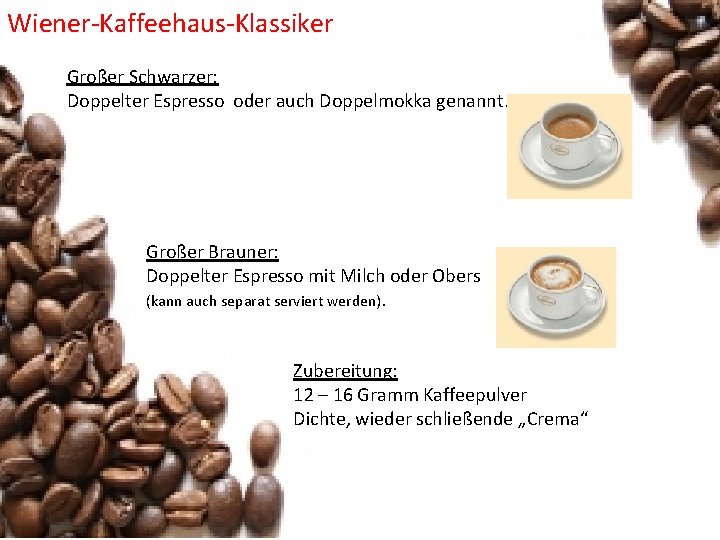 Wiener-Kaffeehaus-Klassiker Großer Schwarzer: Doppelter Espresso oder auch Doppelmokka genannt. Großer Brauner: Doppelter Espresso mit