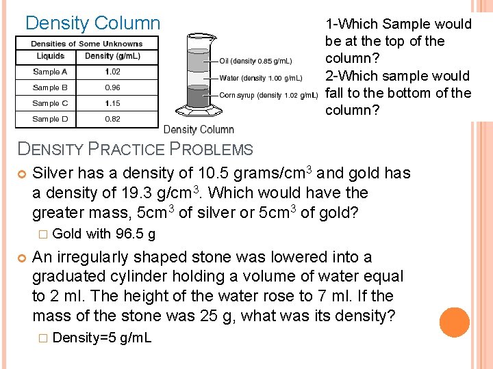 Density Column 1 -Which Sample would be at the top of the column? 2