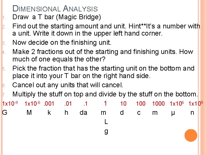 DIMENSIONAL ANALYSIS Draw a T bar (Magic Bridge) 2. Find out the starting amount