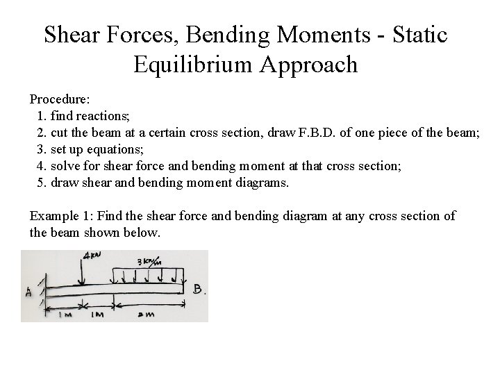 Shear Forces, Bending Moments - Static Equilibrium Approach Procedure: 1. find reactions; 2. cut