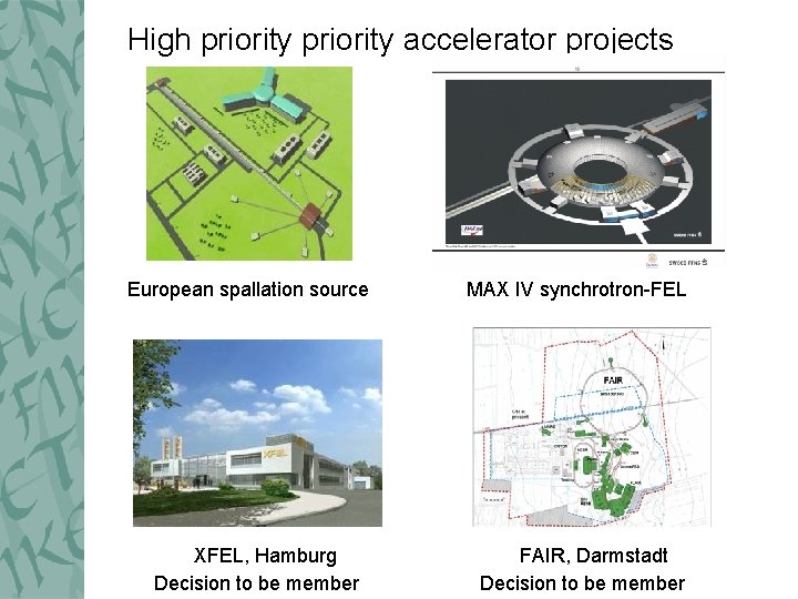 High priority accelerator projects European spallation source XFEL, Hamburg Decision to be member MAX